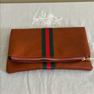 Funky Monkey Preppy Stripe Foldover Clutch in tan with a green & red stripe NWOT